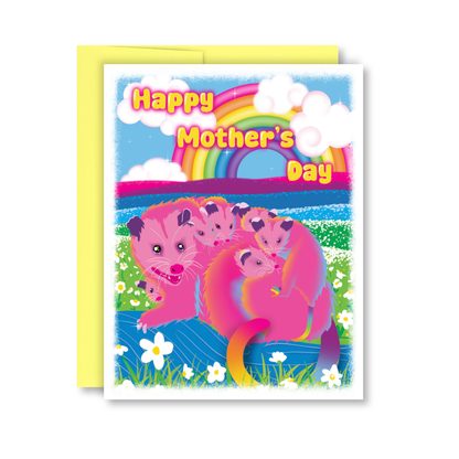 Colorful Mother's Day card with pink opossums and rainbow