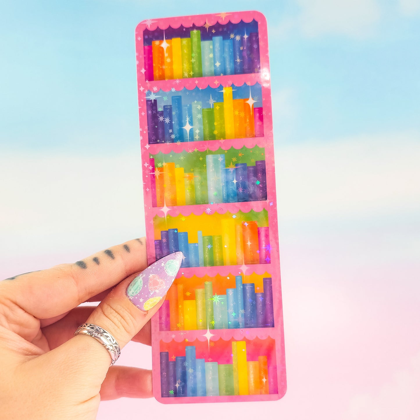 Pink bookcase holographic bookmark – rainbow bookshelf design, laminated handmade gift for readers without tassel