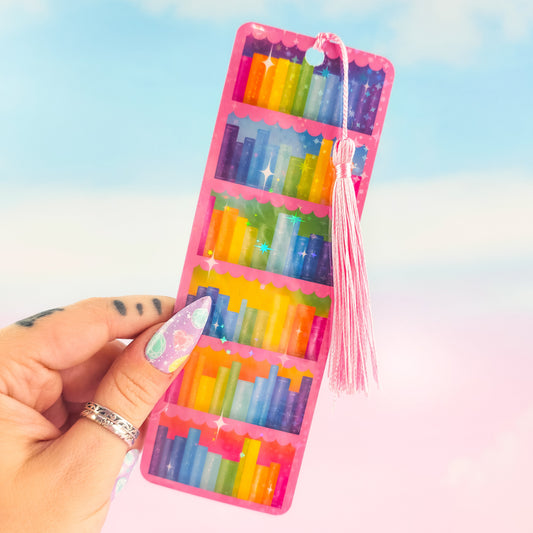 Pink bookcase holographic bookmark with tassel – colorful rainbow bookshelf design, handmade laminated book accessory