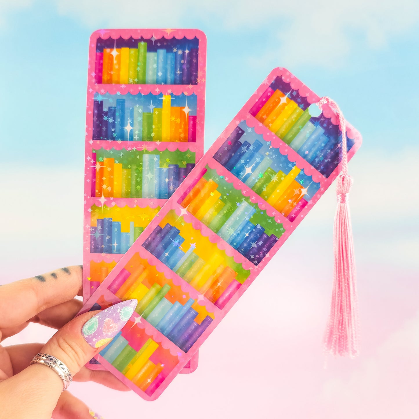 Pink bookcase holographic bookmarks – rainbow bookshelf design, laminated handmade stationery with or without tassel option
