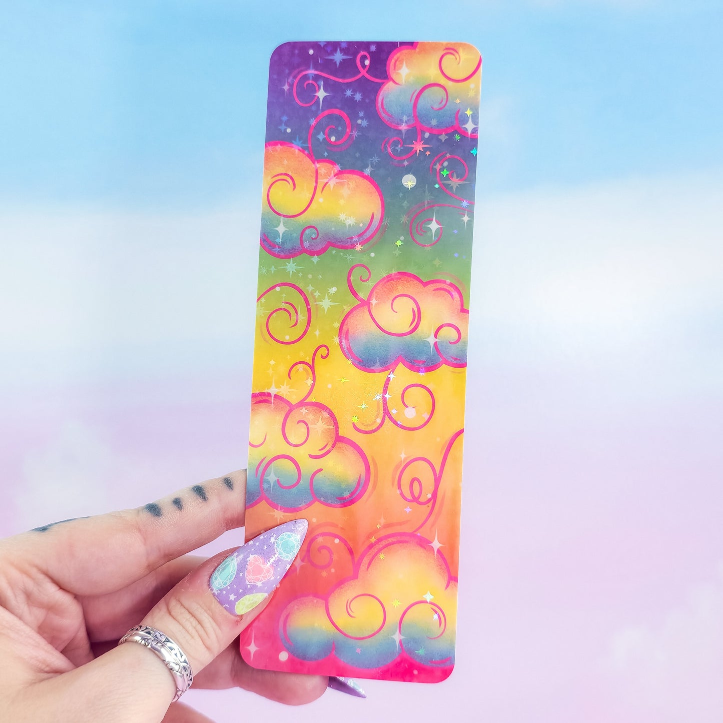Rainbow holographic clouds bookmark – glossy laminated colorful handmade book accessory