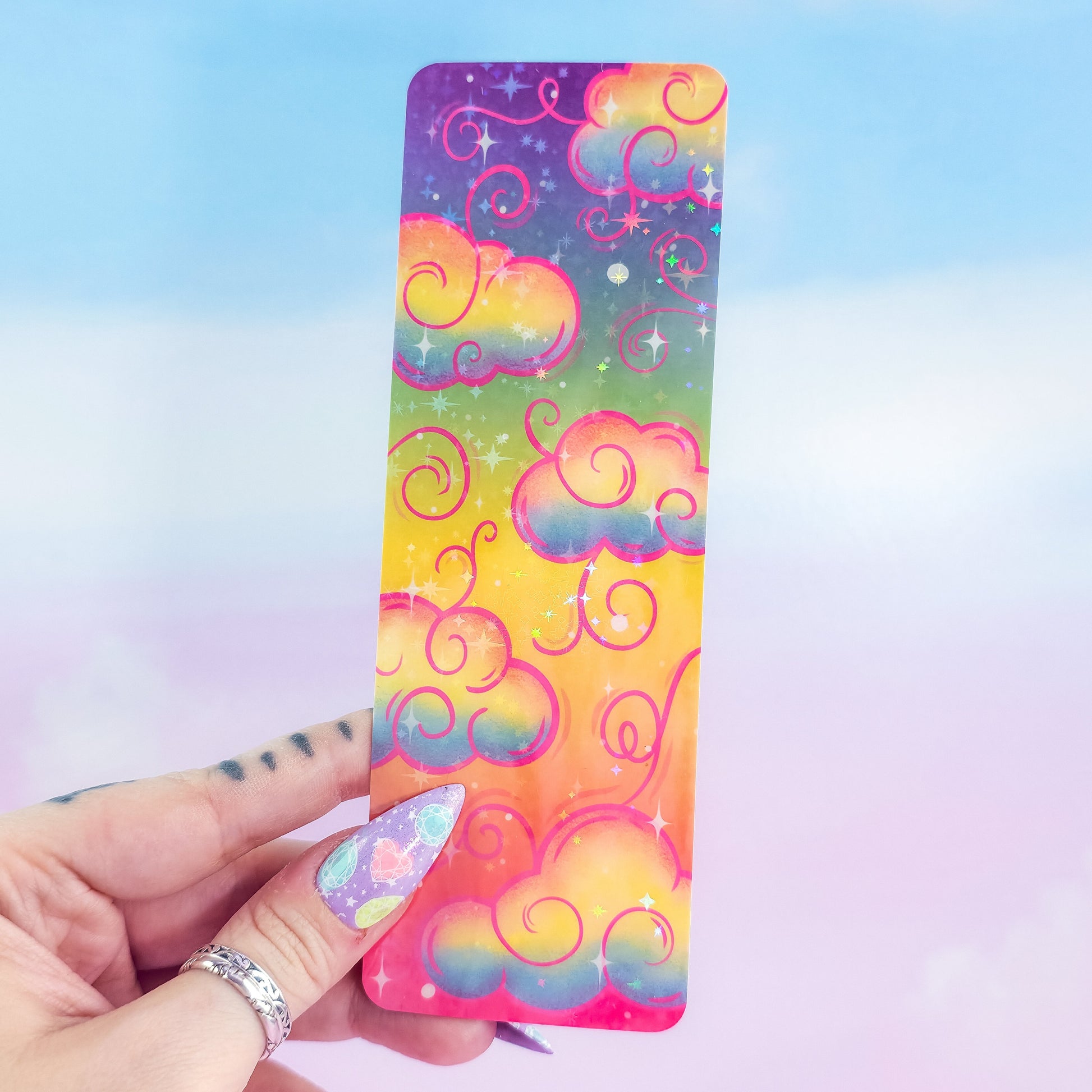 Rainbow holographic clouds bookmark – glossy laminated colorful handmade book accessory