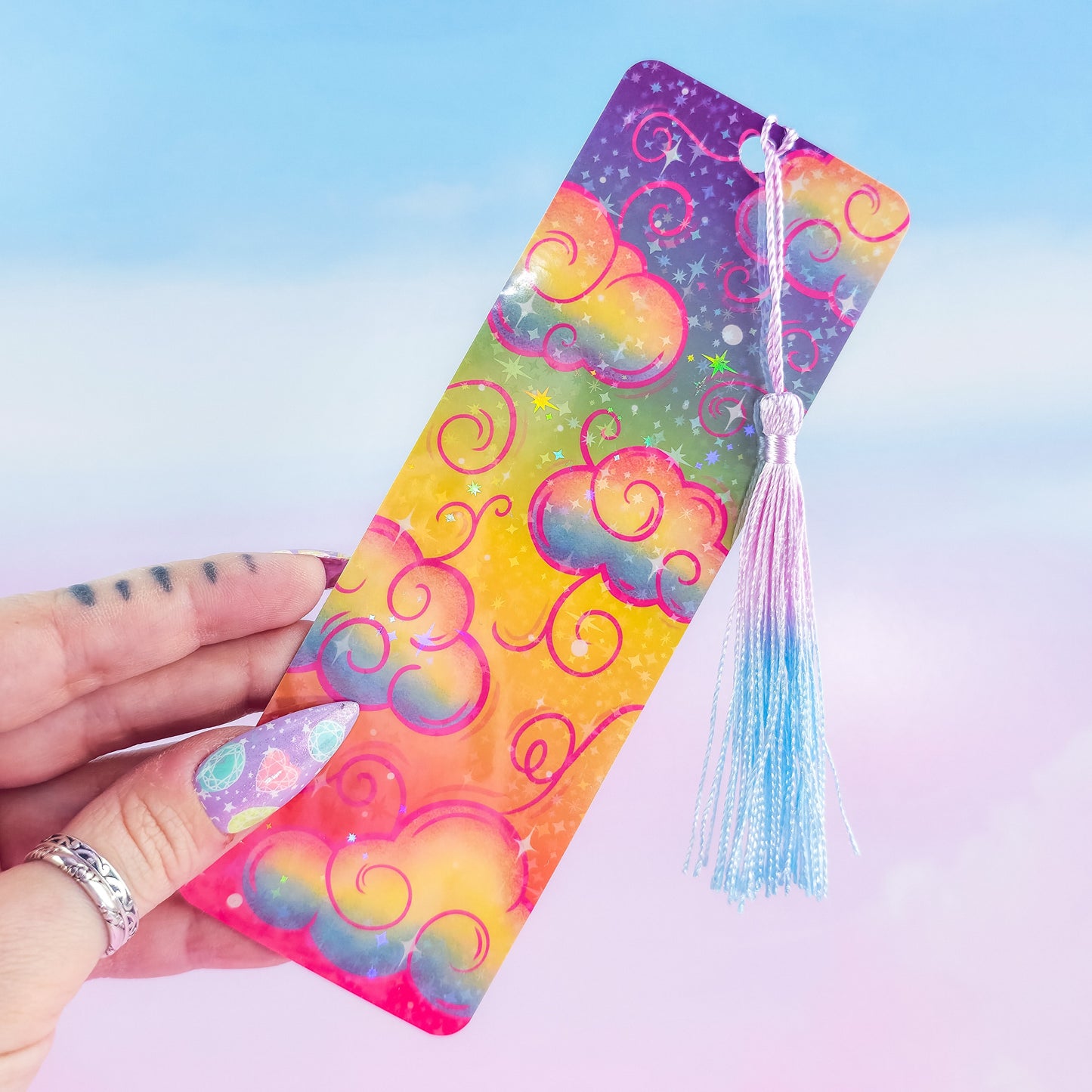 Rainbow holographic clouds bookmark with tassel – colorful laminated handmade gift for readers