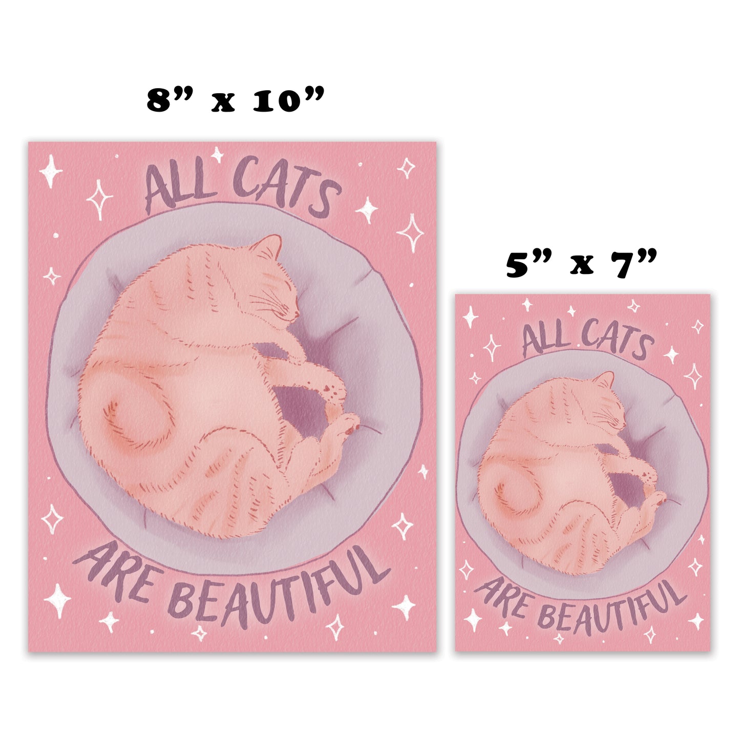 Two square wall art prints showing the same pink cat illustration with the text 'ALL CATS ARE BEAUTIFUL' and size labels '8" x 10"' and '5" x 7"' on a white background.