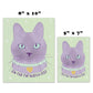 Two rectangular art prints showing the same illustrated lavender cat with light green eyes, a pearl collar, and a yellow heart, with text reading 'ON THE FBI WATCH LIST.' One print is labeled 8" x 10" and the other 5" x 7".