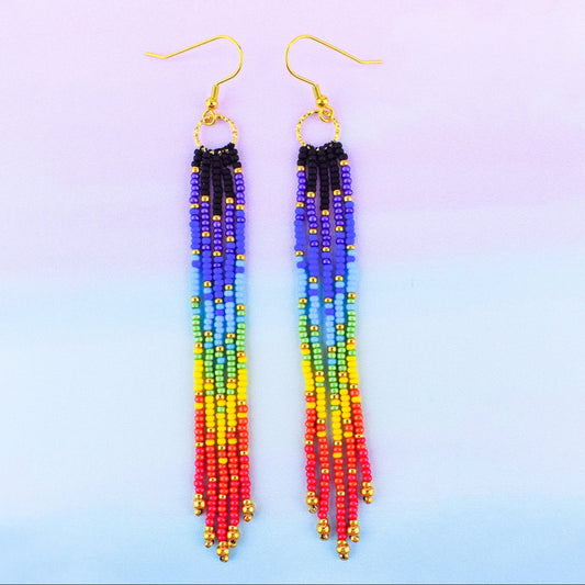 Gold Rainbow Fringe Beaded Earrings