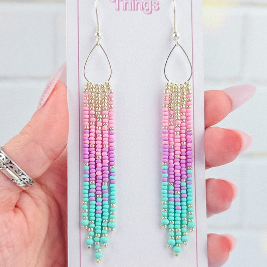 Bisexual Pride Beaded Silver Fringe Earrings