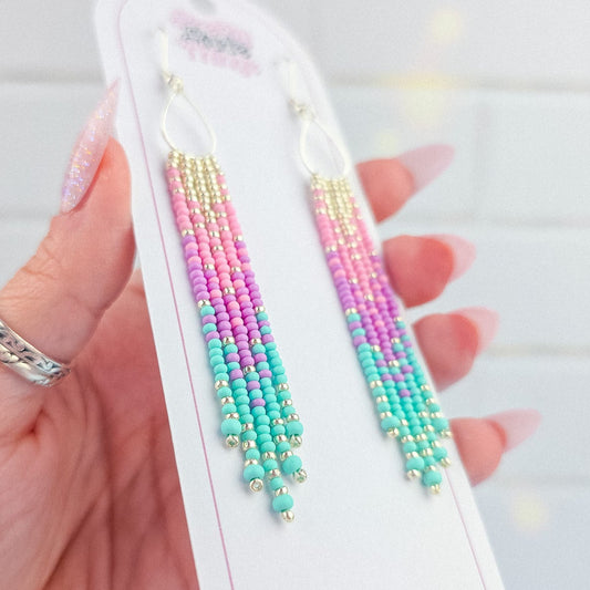 Bisexual Pride Beaded Silver Fringe Earrings