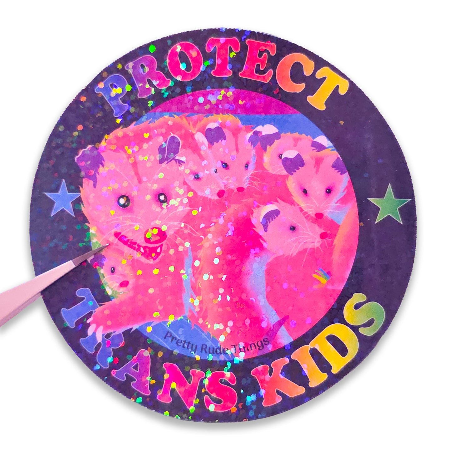 Protect Trans Kids Rainbow Possum Family Sticker, 3 x 3 in.