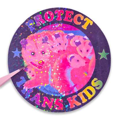 Protect Trans Kids Rainbow Possum Family Sticker, 3 x 3 in.