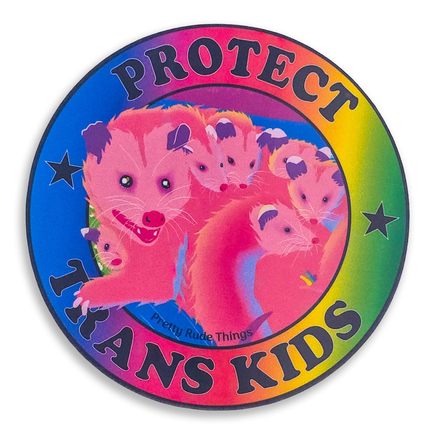 Protect Trans Kids Rainbow Possum Family Sticker, 3 x 3 in.