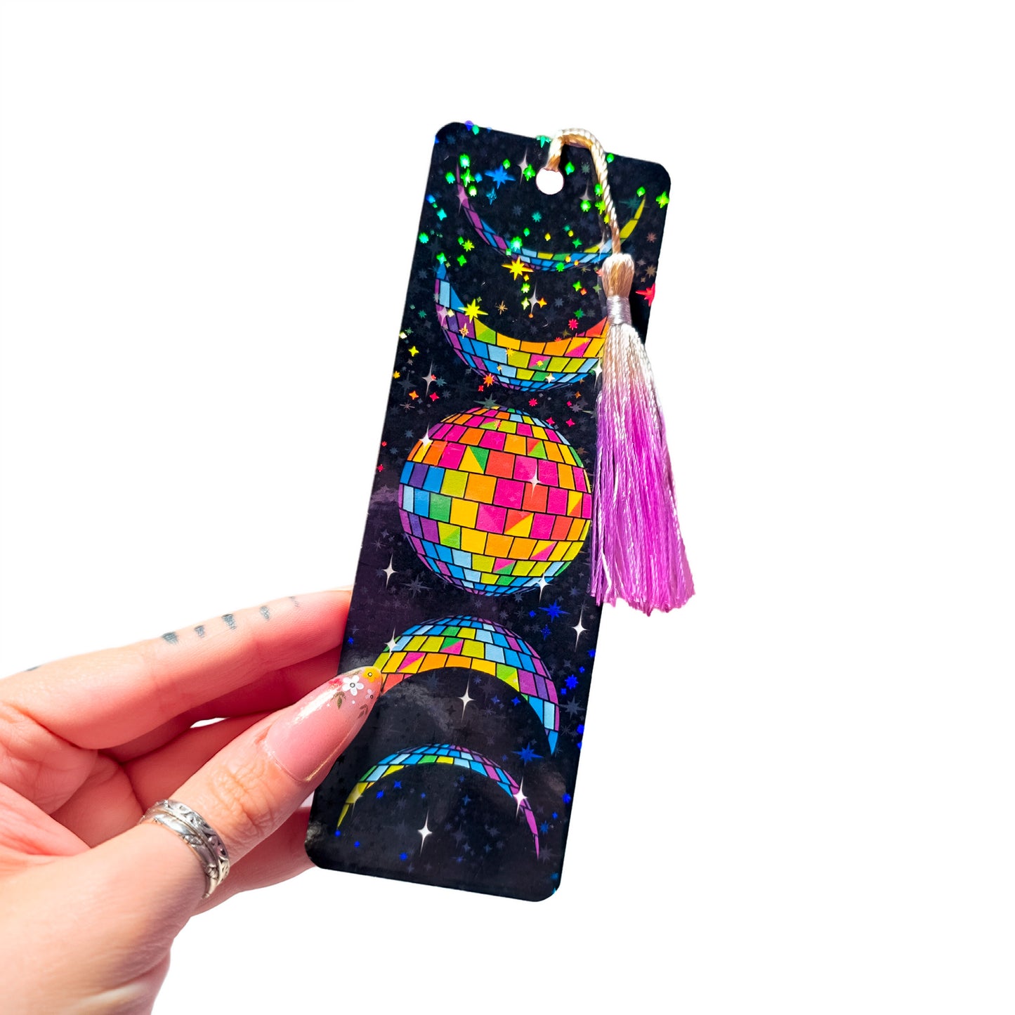 Rainbow disco ball moon holographic bookmark with tassel on a white background