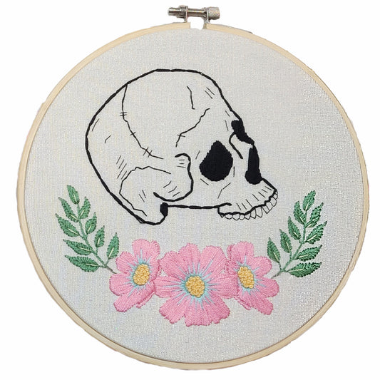 Black on White Skull Finished Hand Embroidery, 7"