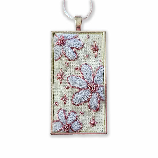 Embroidered Metallic Pink Flower Necklace