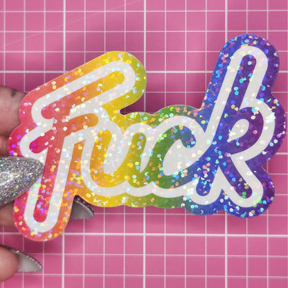 Lisa Frank Inspired "Fuck" Holographic Sticker, 2.75 x 3 in.