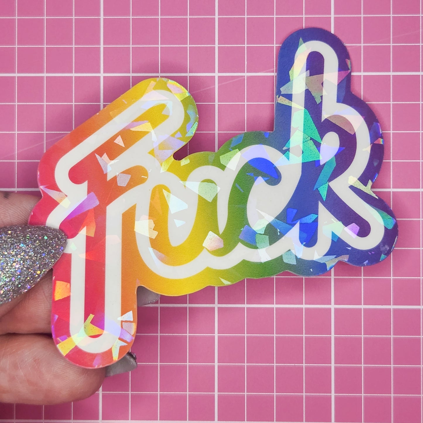 Lisa Frank Inspired "Fuck" Holographic Sticker, 2.75 x 3 in.