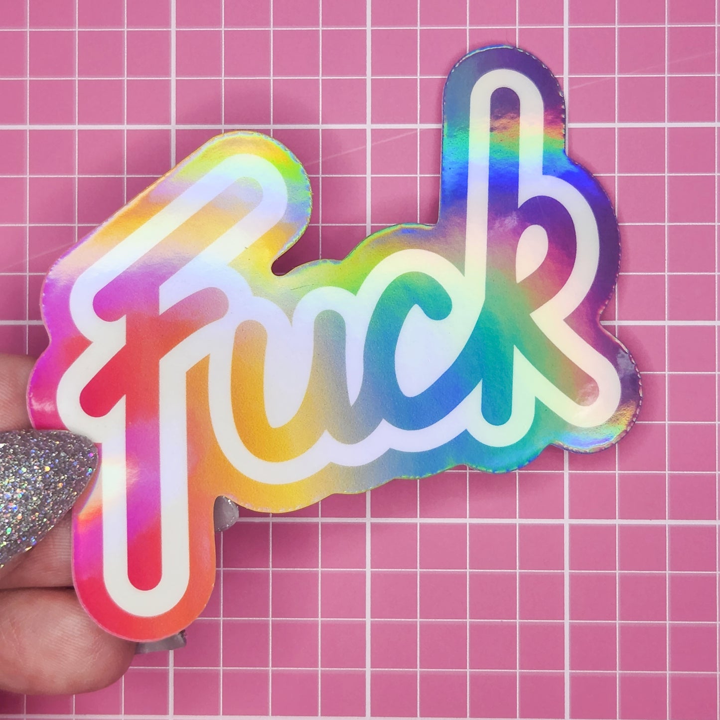 Lisa Frank Inspired "Fuck" Holographic Sticker, 2.75 x 3 in.