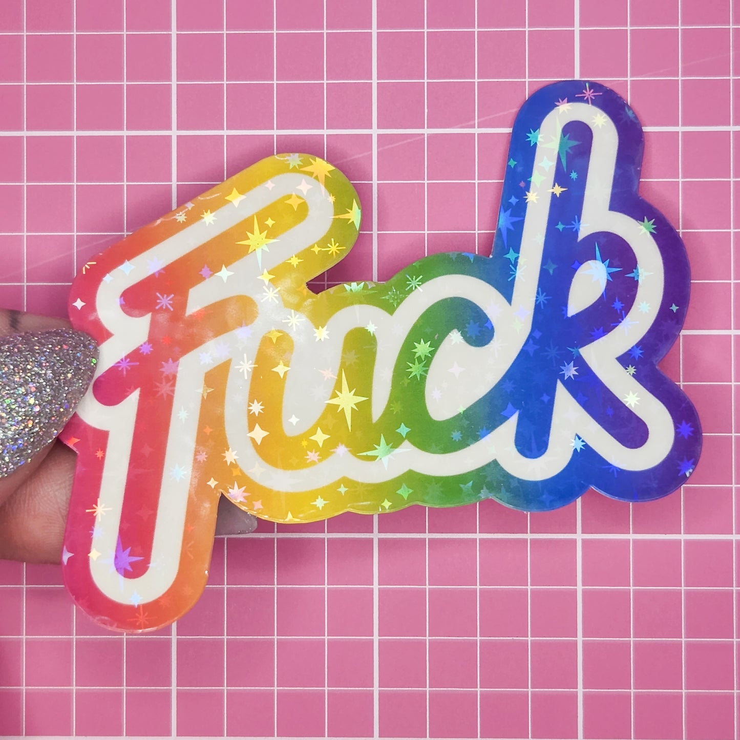 Lisa Frank Inspired "Fuck" Holographic Sticker, 2.75 x 3 in.