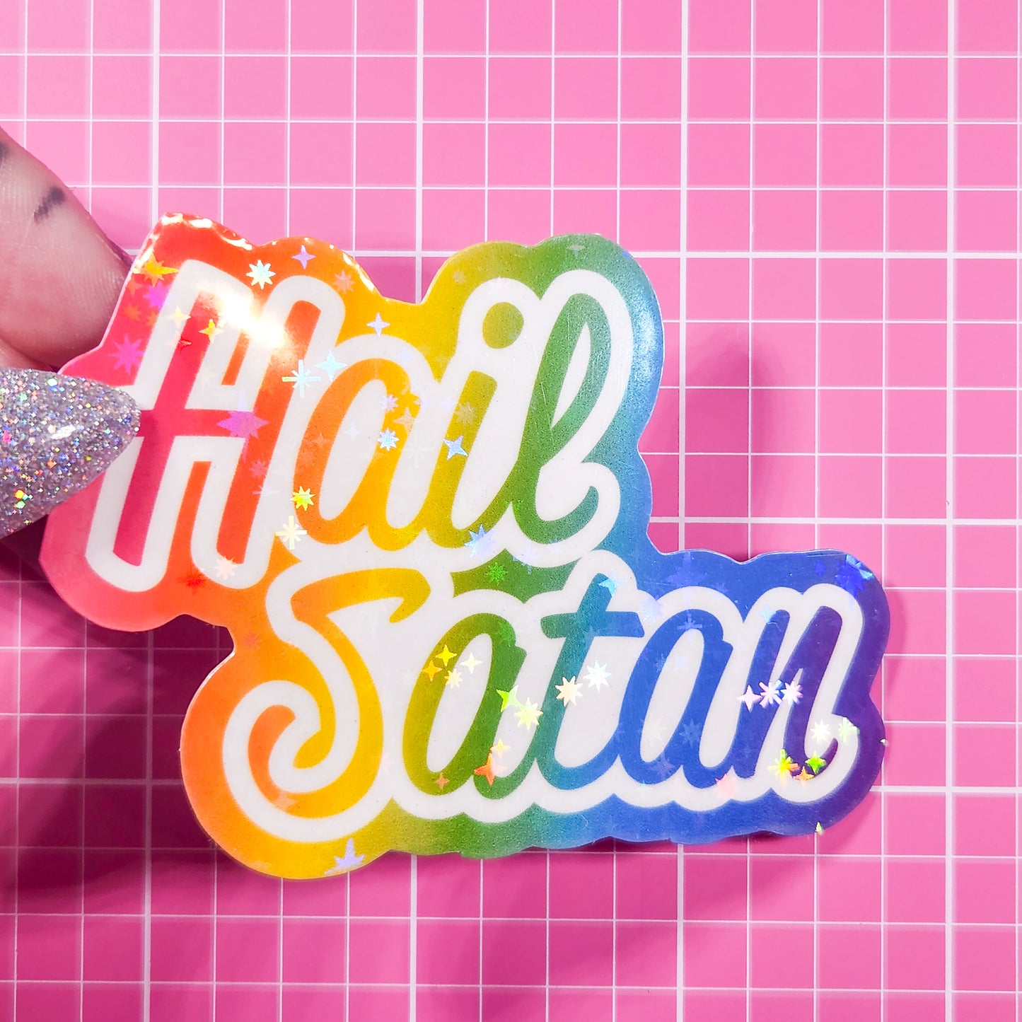 Hail Satan - Lisa Frank Inspired Holographic Sticker, 3 x 2.25 in.