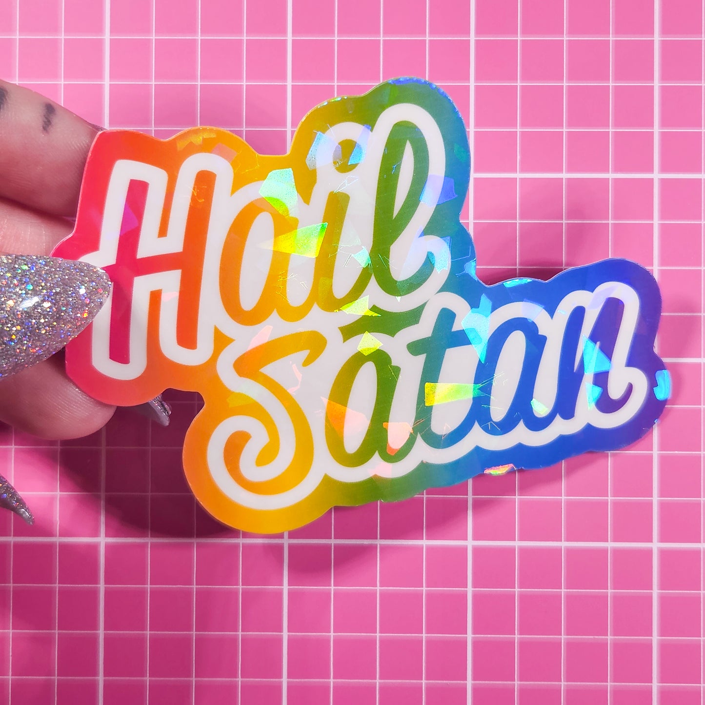 Hail Satan - Lisa Frank Inspired Holographic Sticker, 3 x 2.25 in.