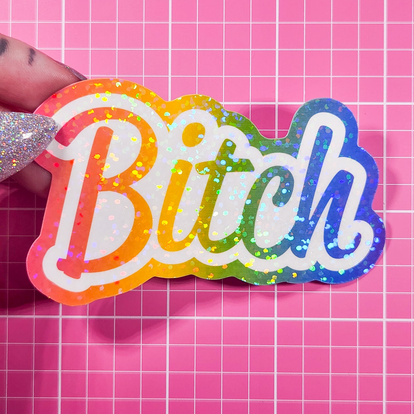 Bitch - Lisa Frank Inspired Holographic Sticker, 3x2 in.