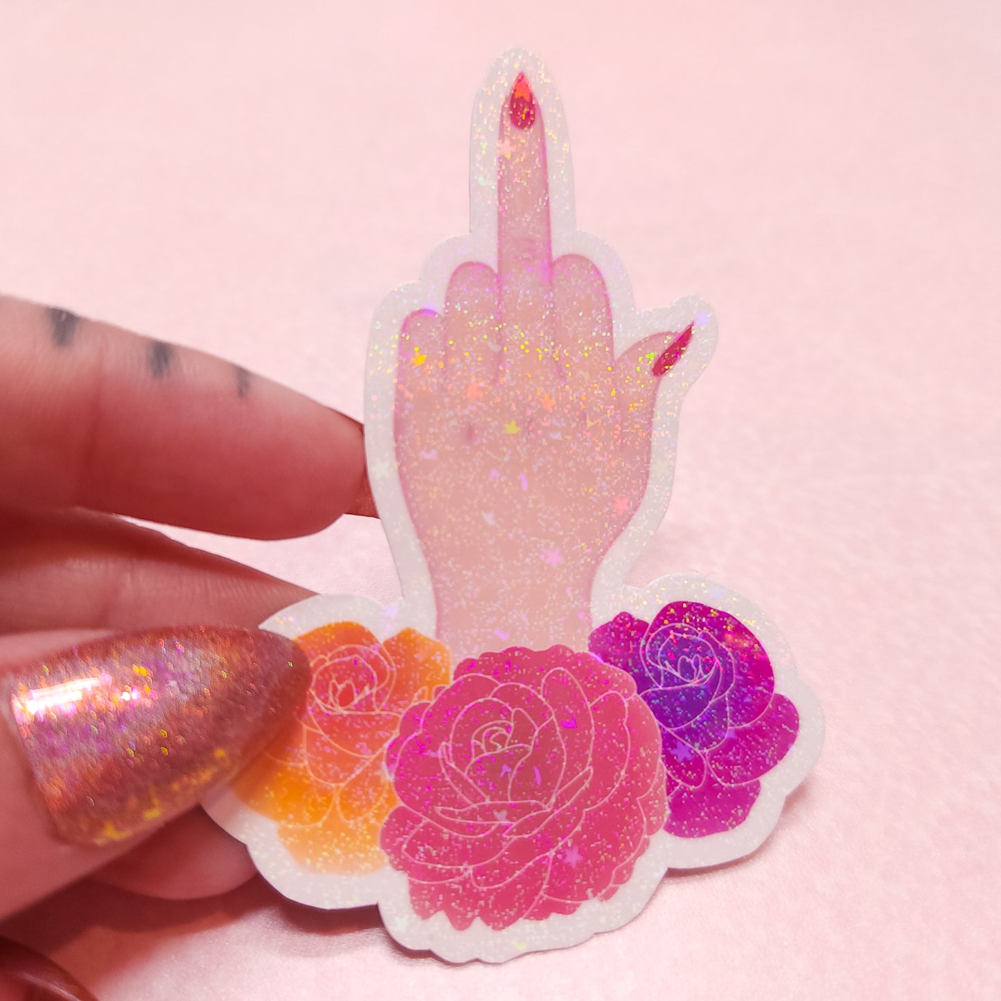 Female Middle Finger Holographic Sticker, 2x3 in.