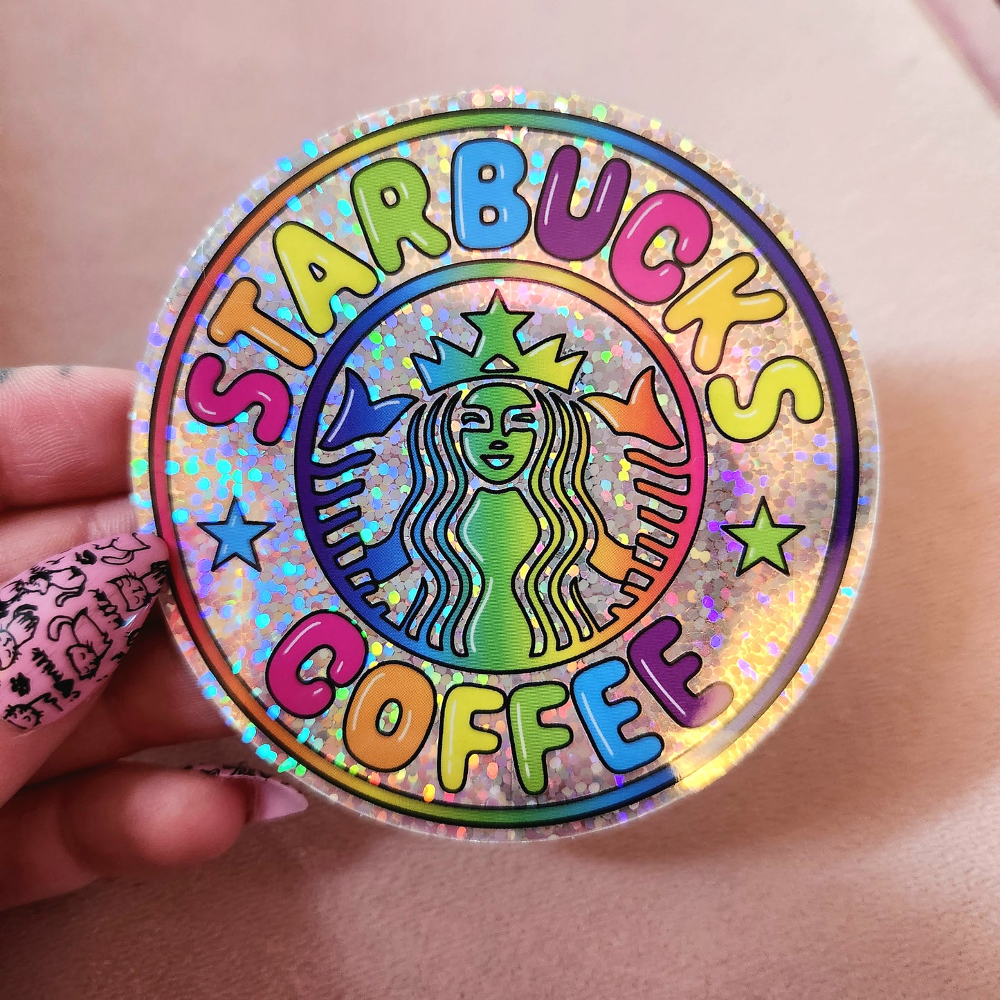 Lisa Frank Inspired Holographic Starbucks Sticker, 3in.