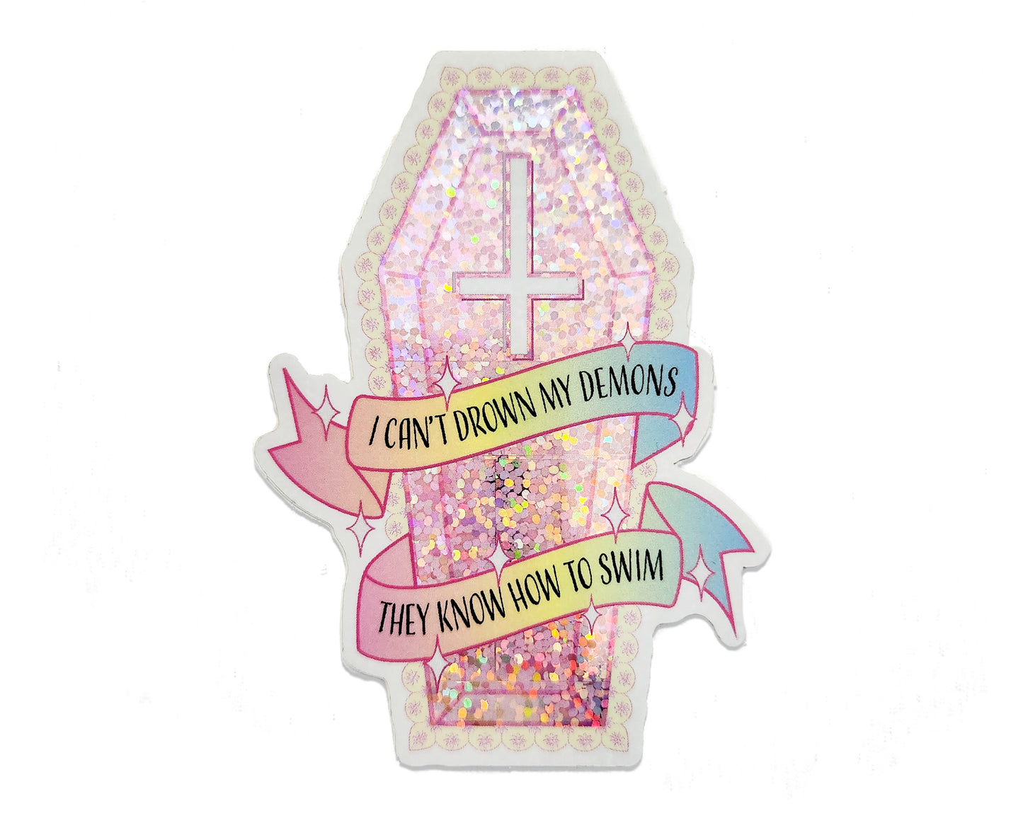 Pink Holographic Hidden Skeleton Coffin Sticker, 2.5 x 3.5 in.