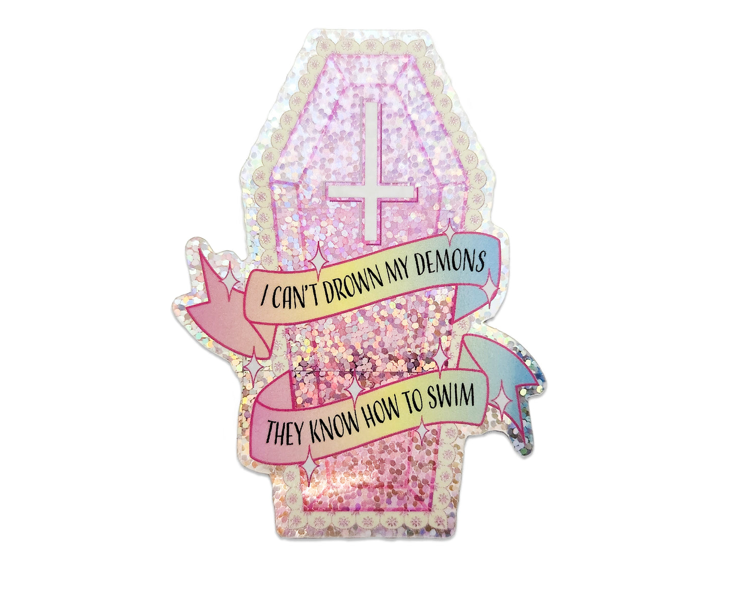 Pink Holographic Hidden Skeleton Coffin Sticker, 2.5 x 3.5 in.