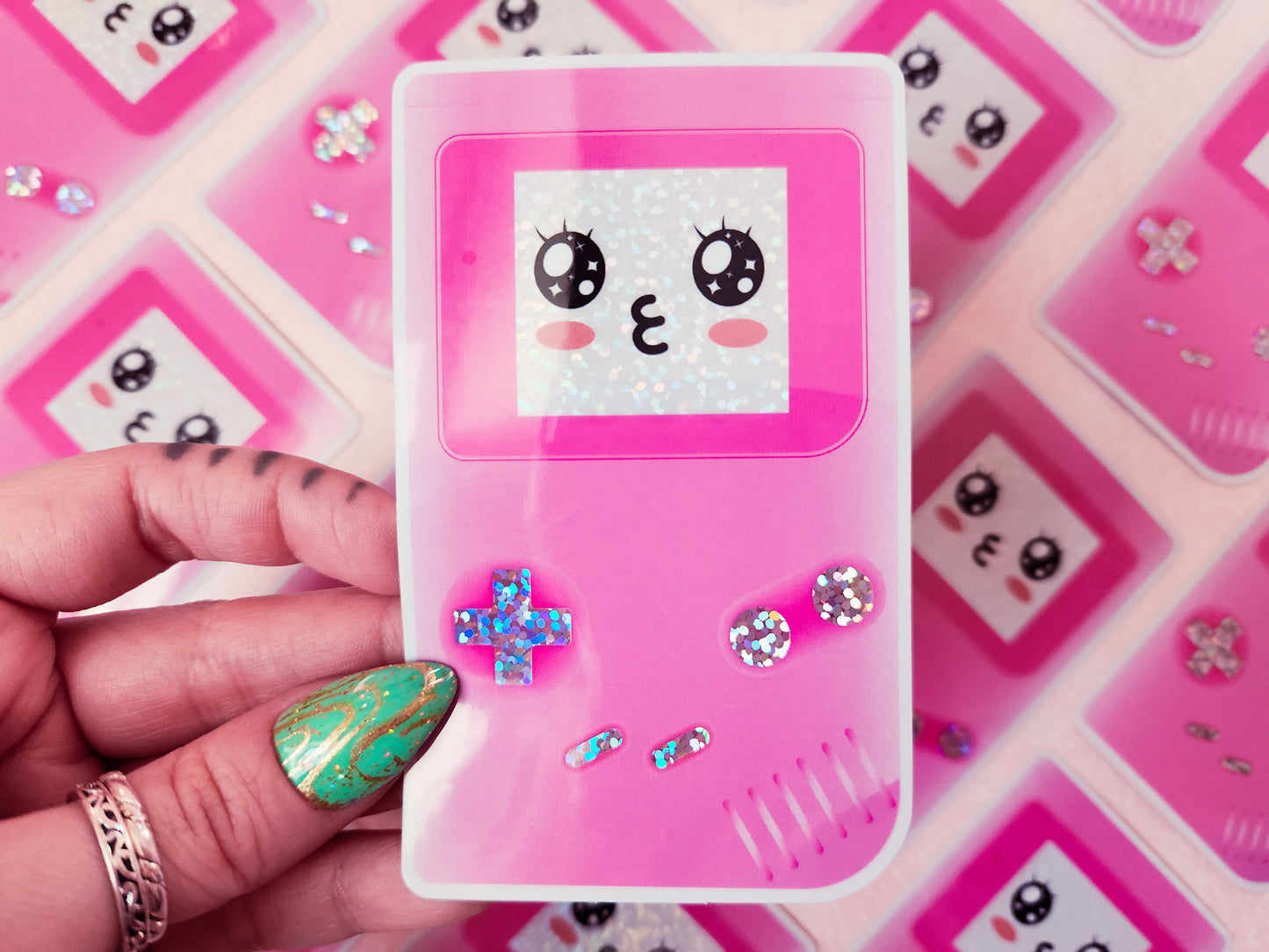 Pink Kawaii Gameboy Holographic Sticker, 2.4 x 4"