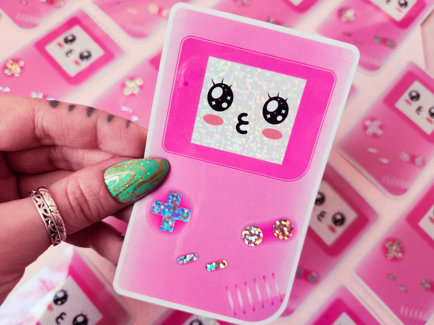 Pink Kawaii Gameboy Holographic Sticker, 2.4 x 4"