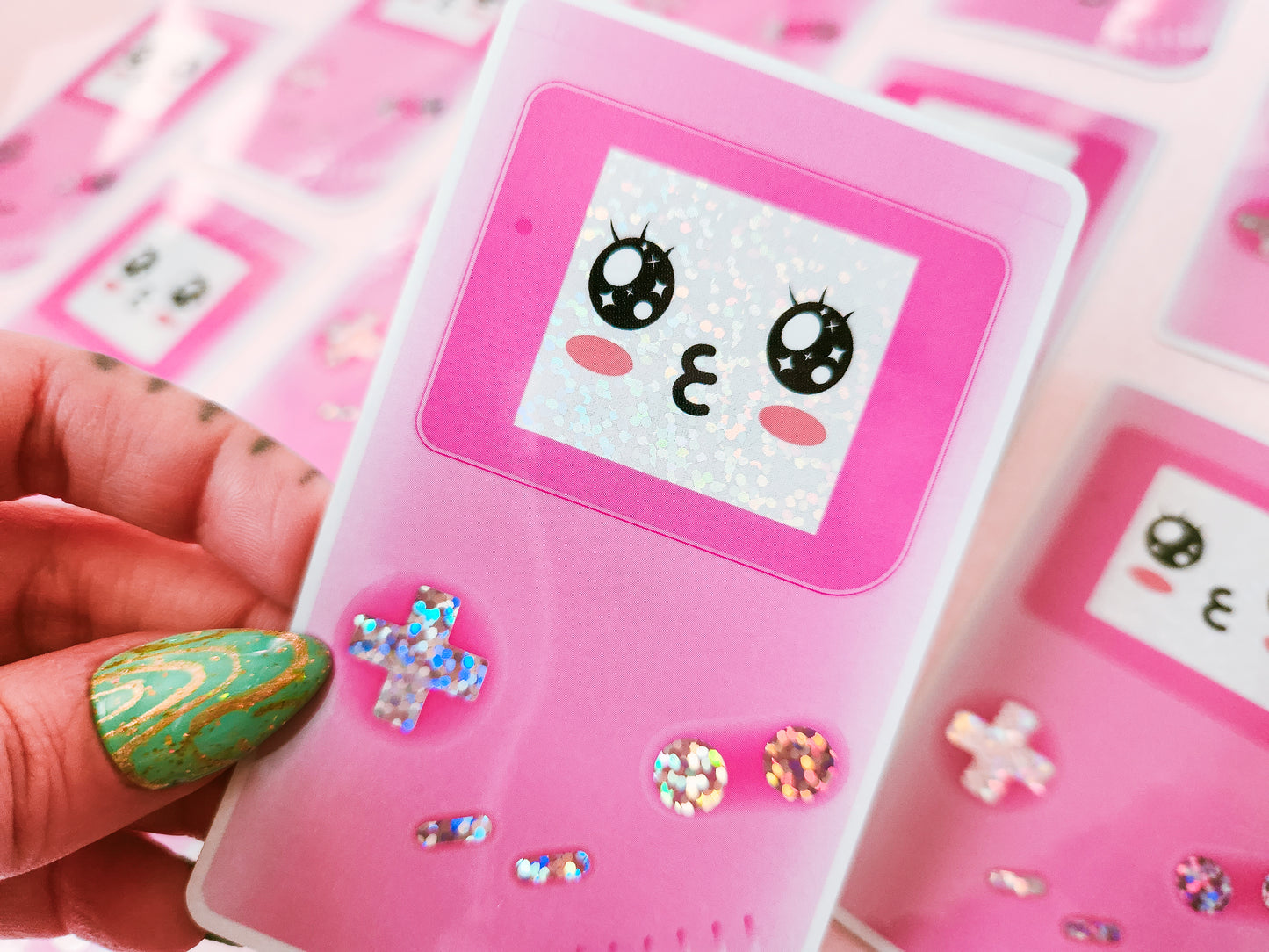 Pink Kawaii Gameboy Holographic Sticker, 2.4 x 4"