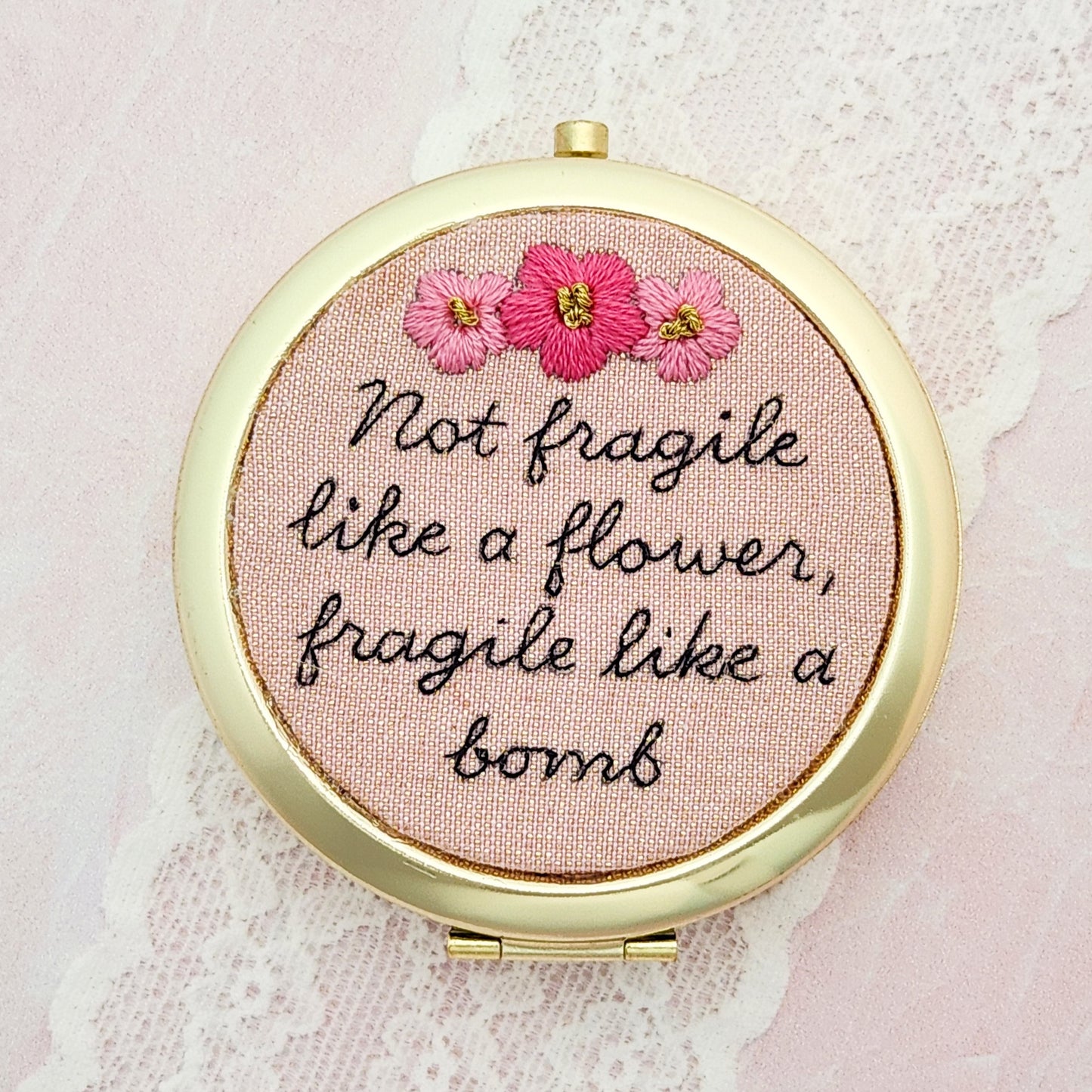 Embroidered Frida Kahlo Quote Compact Mirror Pill Case