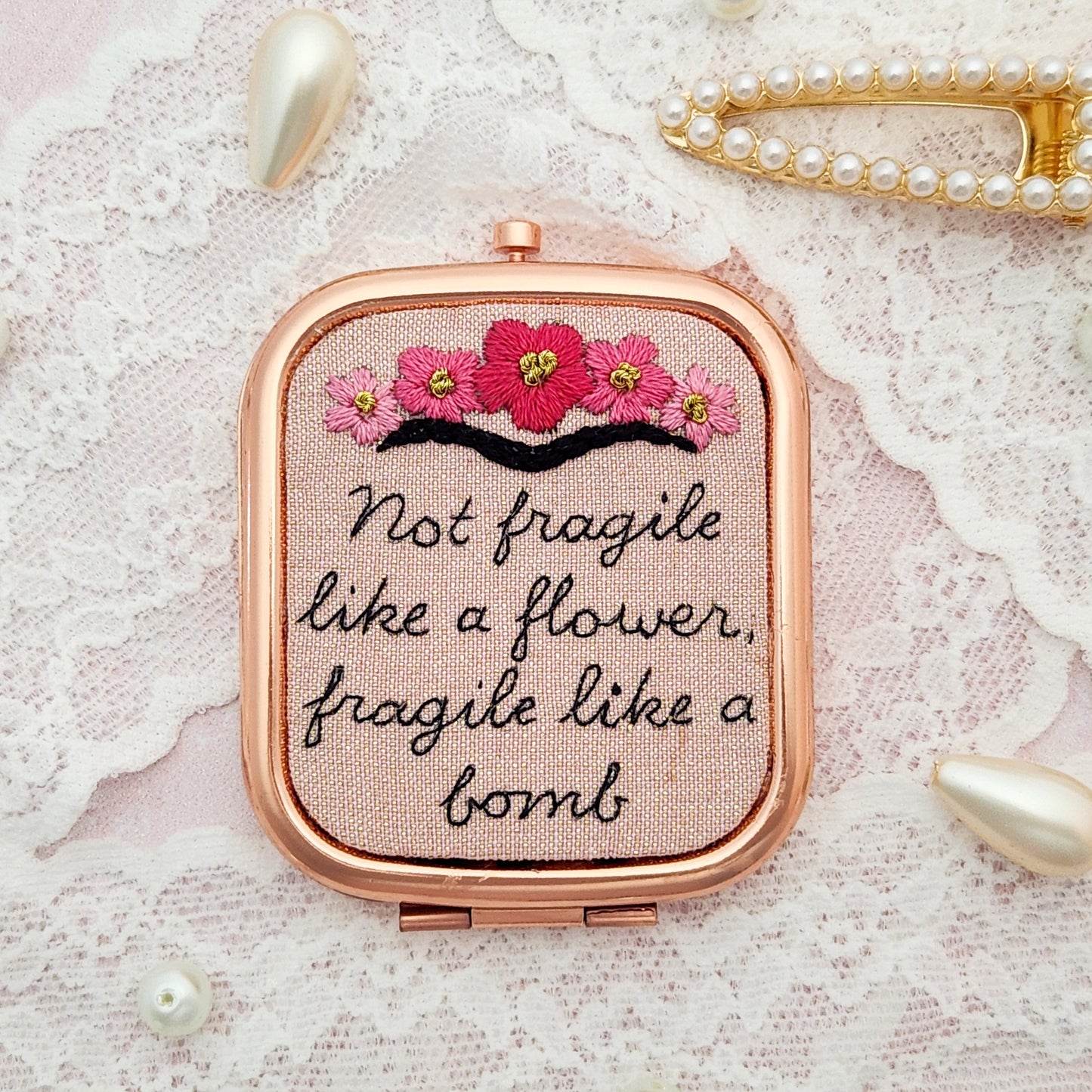 Embroidered Frida Kahlo Quote Compact Mirror