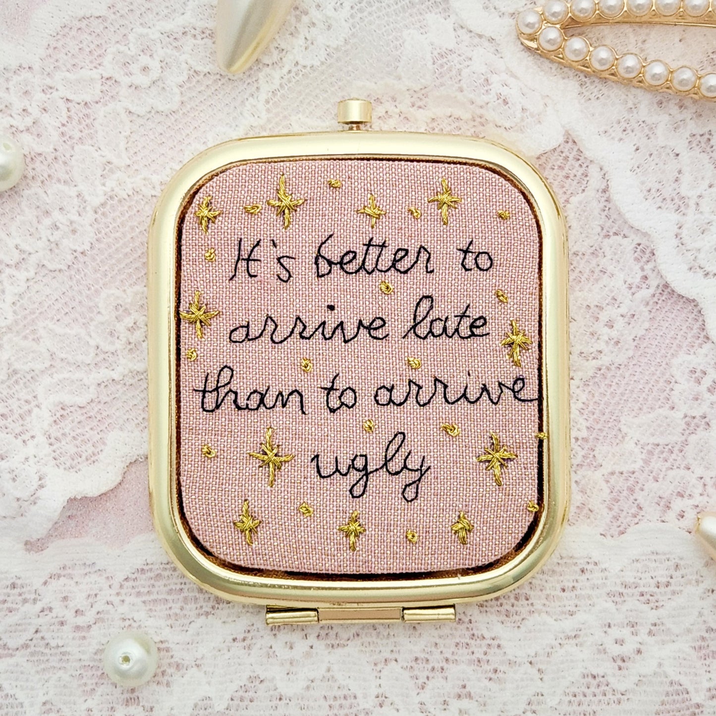 Embroidered Compact Gold Mirror