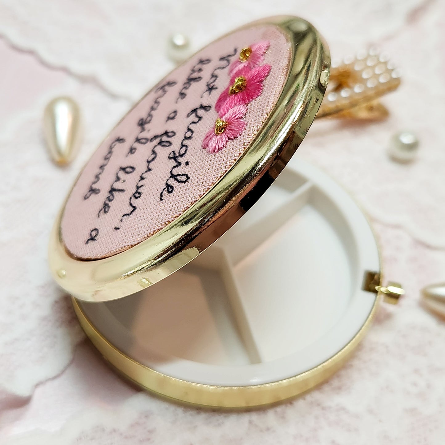 Embroidered Frida Kahlo Quote Compact Mirror Pill Case