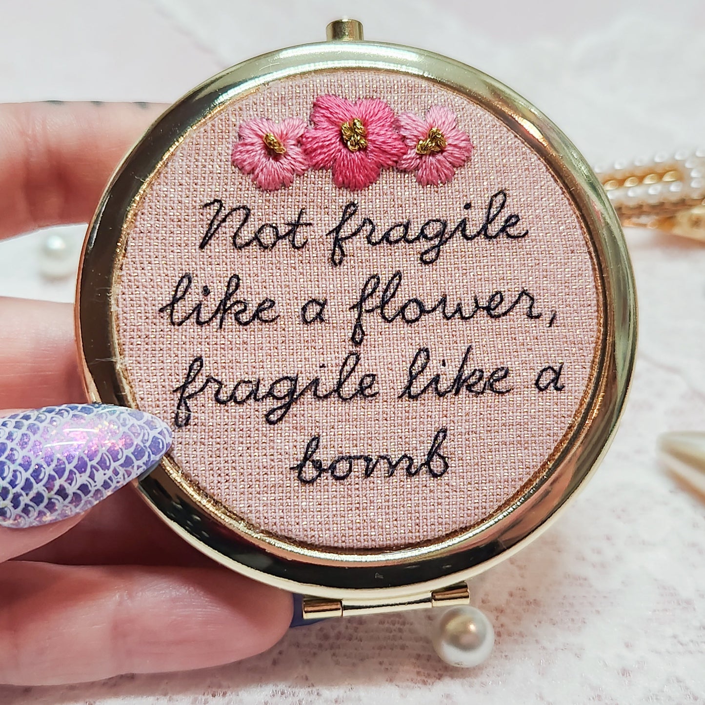 Embroidered Frida Kahlo Quote Compact Mirror Pill Case