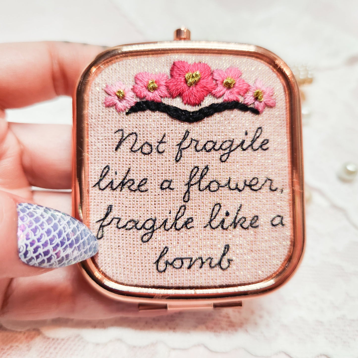 Embroidered Frida Kahlo Quote Compact Mirror