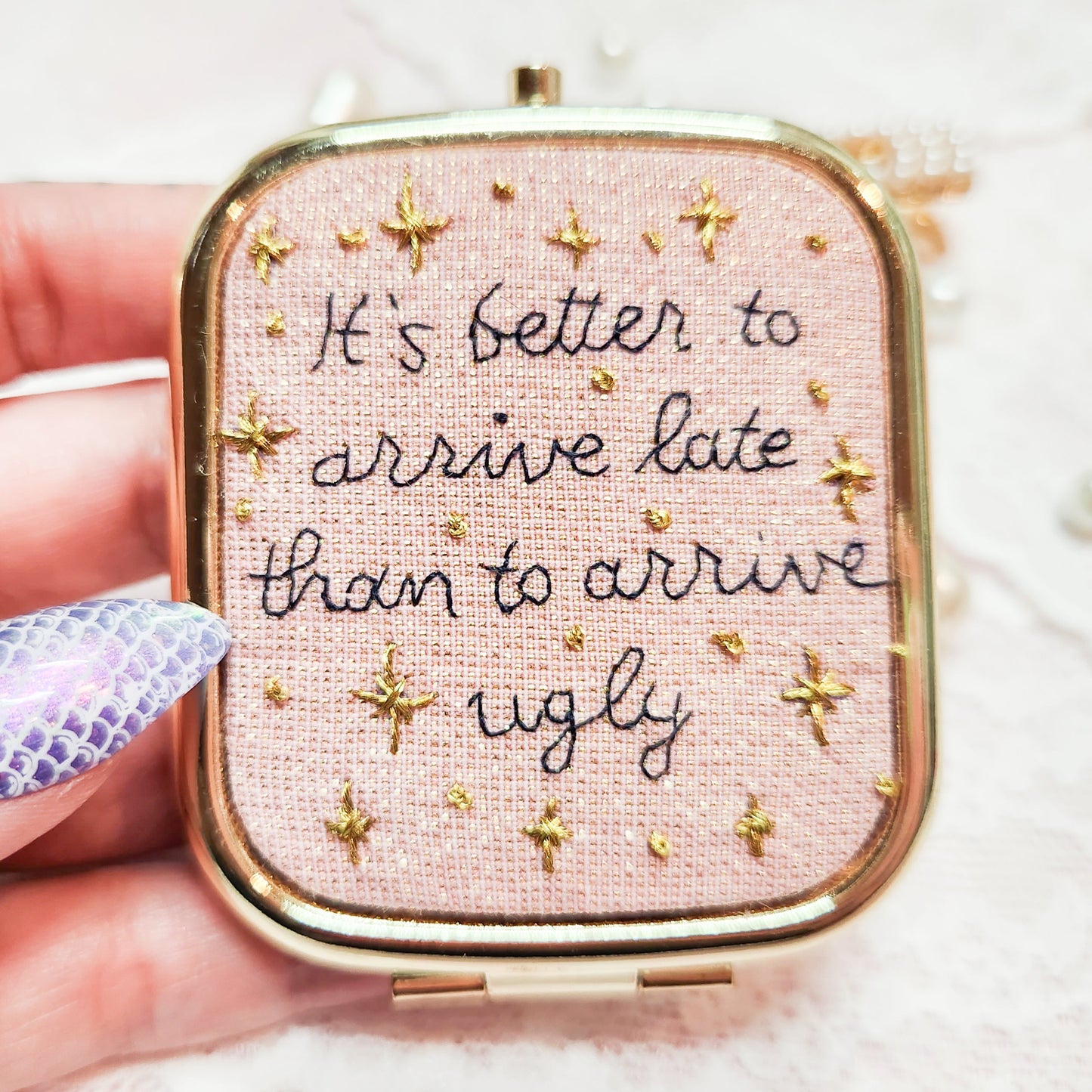 Embroidered Compact Gold Mirror