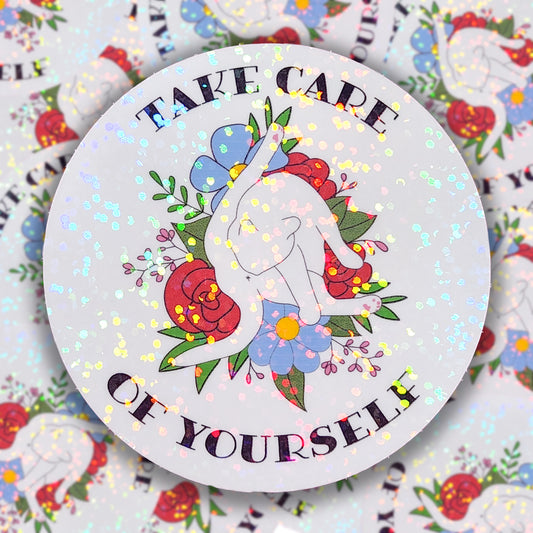 Take Care of Yourself Cat Sticker, 2.5in.