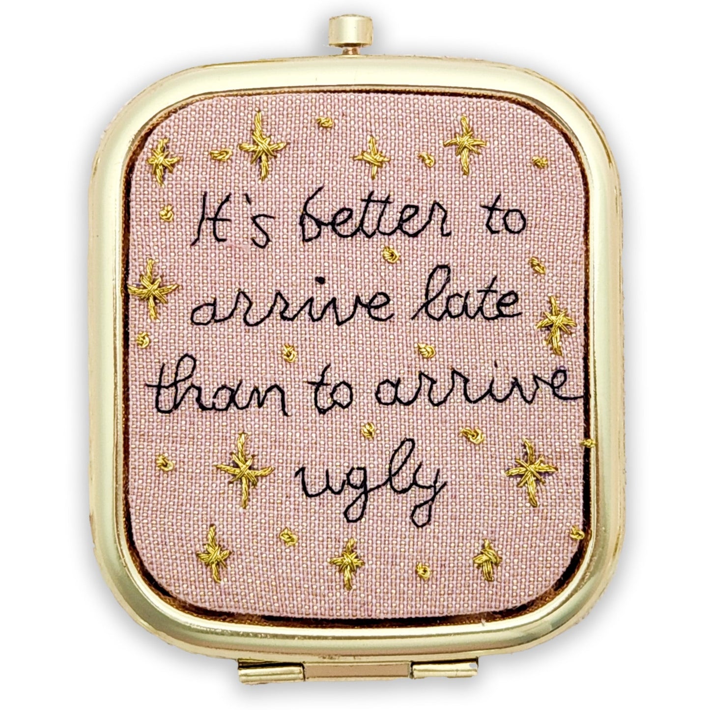 Embroidered Compact Gold Mirror