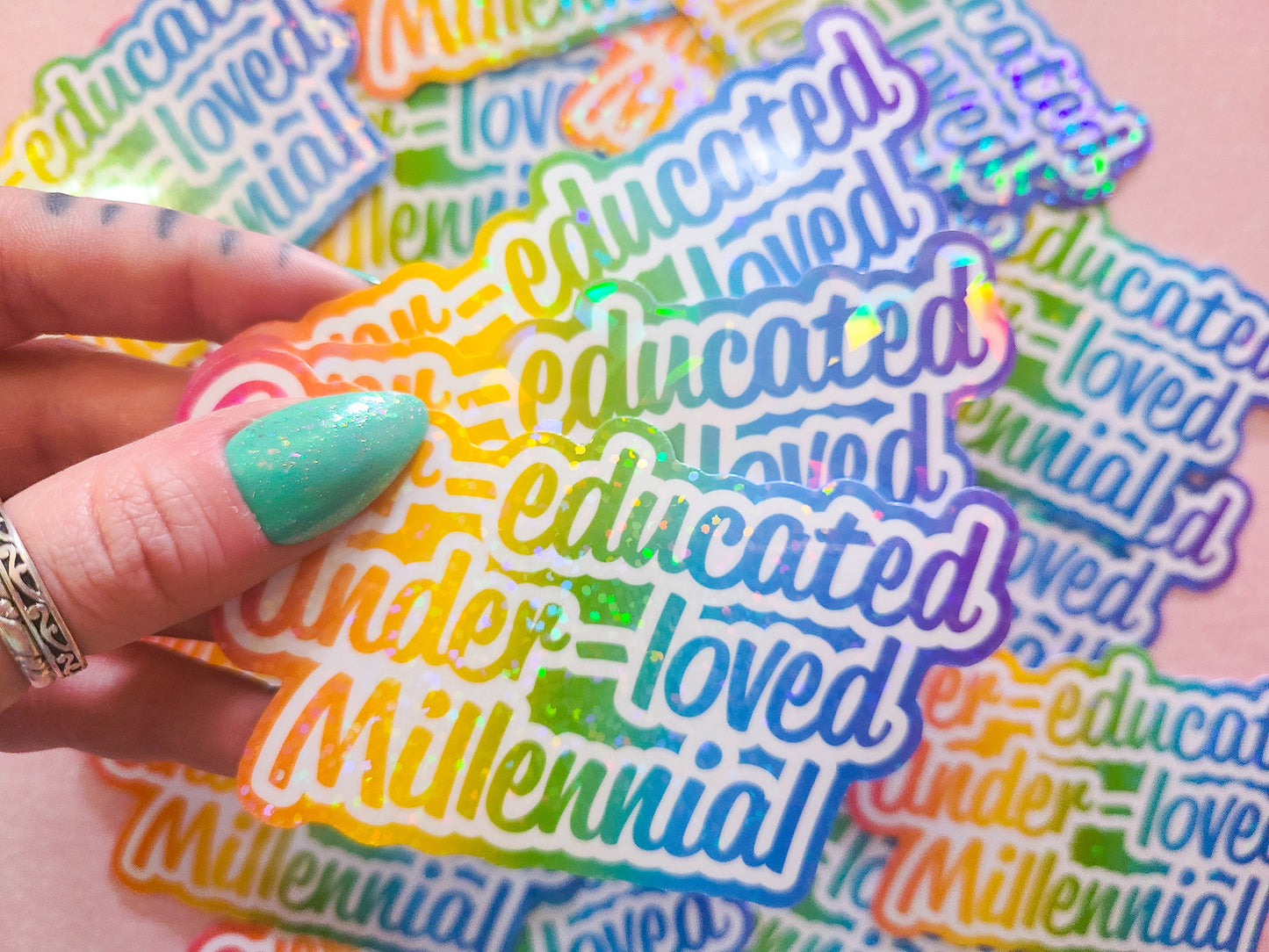 Over Educated Under Loved Millennial Lisa Frank Inspired Sticker, 4x2 in.